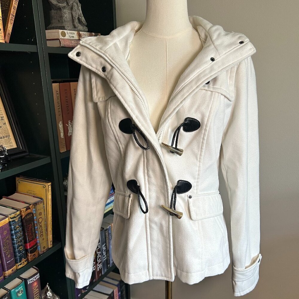 Celebrity Pink White Hooded Soft Felt Pea Coat Jacket Women's Size M